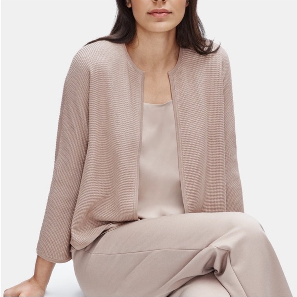 Eileen Fisher Silk Organic Cotton Open Front Beige Cardigan